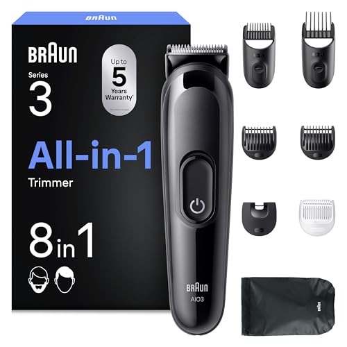 Braun All-in-One Series 3, 8-in-1 Multigroom, Barttrimmer, Haarschneider, Haarschneidemaschine für Gesicht und Kopf, 50 Min Akku, 14 Längen (3–21 mm), AIO3545, Schwarz