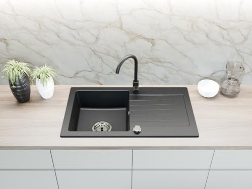 Faizee Möbel | Granitspüle 76x44 cm Schwarz | Hochwertige Küchenspüle & Einbauspüle | Kratzfestes & hitzebeständiges Spülbecken aus Granit | Eckige Spüle für Unterschränke ab 45 cm | Inkl. Siphon-Set