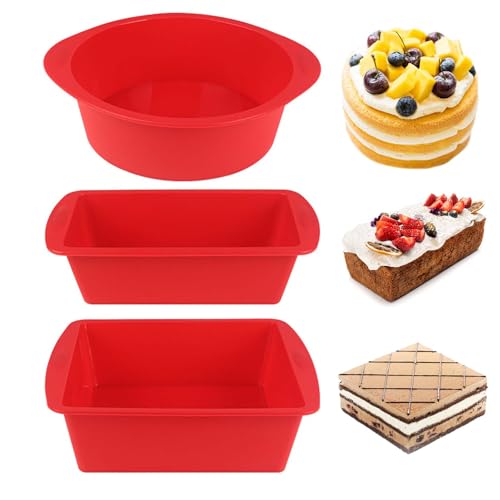 Mlying 3 Stück Silikon Kuchenform, Silikon-Backform Set, Kuchenform Hitzebeständig Backform für Kuchen, Brot, Quiche (Rot, Quadratisch)