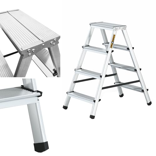 DRABEST Trittleiter Klapptritt Alu Leiter 2 x 4 Stufen Beidseitig Mehrzweckleiter Hausleitern bis 125 kg Belastbar Leiter