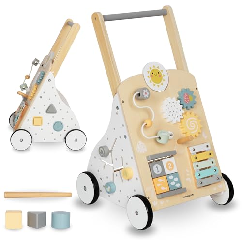 Mamabrum 8in1 Lauflernwagen aus Holz mit multifunktionalem Spielcenter – Motorikspielzeug für Kleinkinder, Stabile Konstruktion, Xylophon und Zahnräder