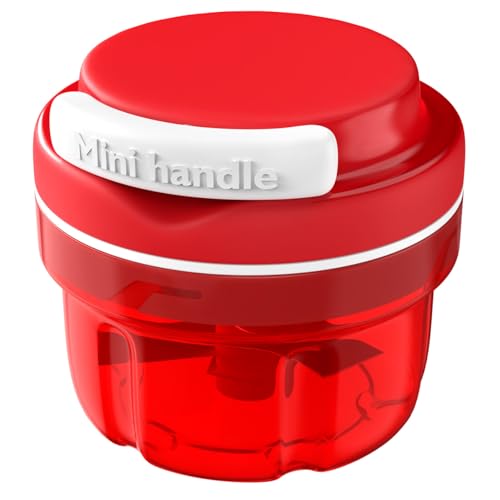 Zwiebelschneider, Zwiebel Zerkleinerer Manuell, Zwiebelschneider mit Seilzug, Platzsparend & Leicht zu Reinigen, Multizerkleinerer Zwiebelhacker für Gemüse, Zwiebeln, Nüsse, Knoblauch (Rot, 300ML)