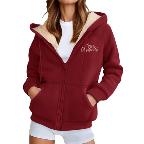 Fleecejacke Damen Weihnachtsdruck Hoodie Kapuzenpullover mit Zipper Warm Basic Fleecepullover Plüschjacke Casual Jacke Kapuzenjacke Sweatjacke mit Kapuze Herbst/Winter Sweatshirt Winterjacke Hooded
