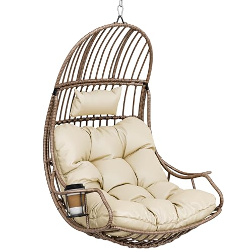 YITAHOME Hängesessel Eierschaukel 150 kg Belastbarkeit, Rattan Schaukelsessel mit Kissen & Getränkehalter, Hängekorbstuhl für Garten, Terrasse, Balkon, Wohnzimmer, Beige