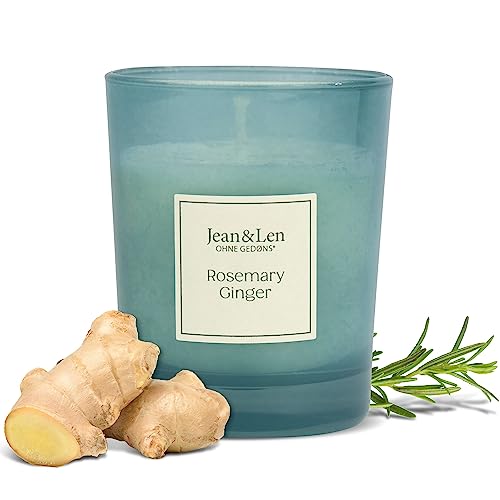 Jean & Len Duftkerze Rosemary & Ginger, für gemütliche Abende Zuhause, Handgemachte Duftkerze mit krautig-frischem Rosmarin & Ingwer Duft, Kerze im stylischen Glas, vegan, 120 g