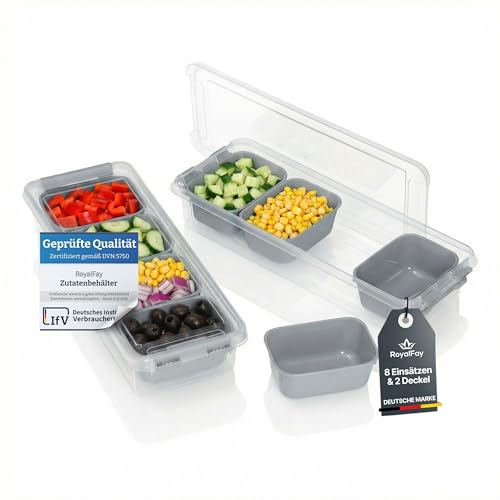 RoyalFay® Zutatenbehälter Napoli 2er Set – stapelbare Aufbewahrungsbox mit 8 Einsätzen & 2 Deckeln – lebensmittelechte Kühlschrank-Organizer für Pizzabeläge & Meal Prep – granit