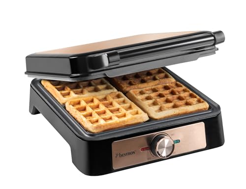 Bestron Waffeleisen für Belgische Waffeln, Belgisches Waffeleisen für 4 Waffeln, Größe 10x10cm, Dicke: 1.5cm, stufenloses Thermostat & Backampel, geeignet für Familien oder Ostern, Farbe: Kupfer