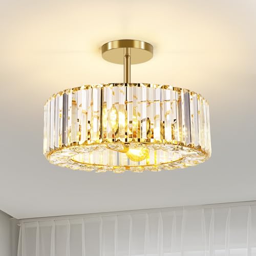 FRIDEKO HOME Modern Kristall Deckenleuchte Schwarz 4 Flammige Groß Rund Kronleuchter Kristall Lampenschirm Metall Deckenlampe E27 für Schlafzimmer Wohnzimmer (Φ37cm-Gold1)