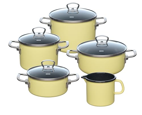 Riess, 0584-002, Familienset, 5-teilig, LEMON, Emaille, LBH 28.5x48.5x39cm, Gewicht 7.74kg, Induktion, 4 T�pfe mit Deckel und Milchtopf, Kochtopfset