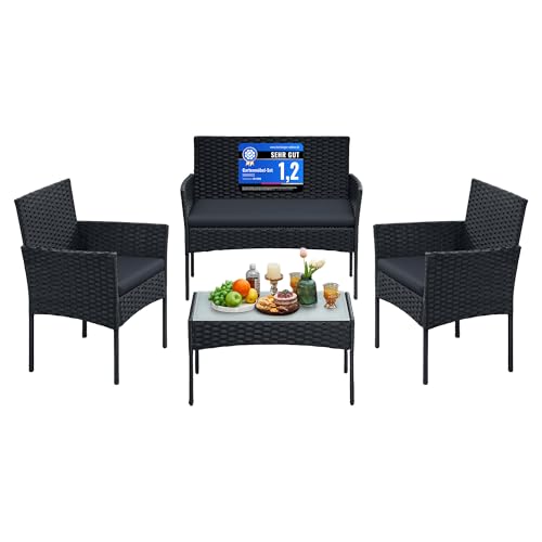 SONGMICS Gartenmöbel-Set, 4-teilig, Balkonmöbel aus PE-Polyrattan, Tisch, 2 Stühle, 2-Sitzer-Bank, Lounge-Möbel Outdoor, Terrassenmöbel, für Terrasse, Balkon, schwarz-grau GGF004B06