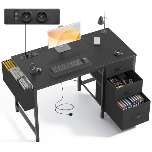 Claiks Kleiner Schreibtisch mit 3 Schubladen aus Stoff, 100x60 cm Computertisch mit 2 Steckdosen und USB-Anschlüssen, PC-Schreibtisch Bürotisch für Home Office, Schwarz