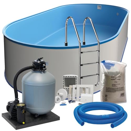 Stahlwand Ovalpool-Set (L x B x T) 8,00 m x 4,20 m x 1,50 m, Pool Made in Europe, mit Edehlstahlleiter für Tiefbecken, SF152 Sandfilteranlage mit 11 m³/h, Einbauskimmer, Filtersand, Poolschlauch