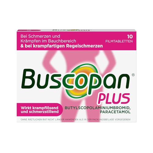 Buscopan plus 10 mg Butylscopolamin & 500 mg Paracetamol Filmtabletten bei Schmerzen und Krämpfen im Bauchbereich, 10 St. Tabletten