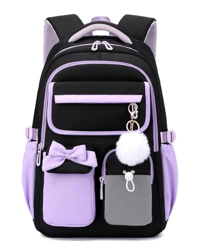 Amythe Schulrucksack Mädchen, Wasserabweisender Rucksack aus Oxford-Gewebe für Grund- und Sekundarschule, Bequemer Schul Taschen für Mädchen mit Trolley-Schlaufe, Schwarz Lila