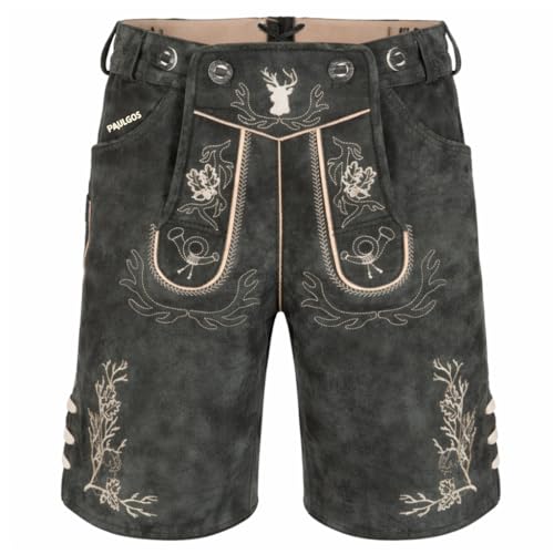 PAULGOS Herren Trachten Lederhose HK3 + Träger, Echtes Leder, Größe 54, Grau