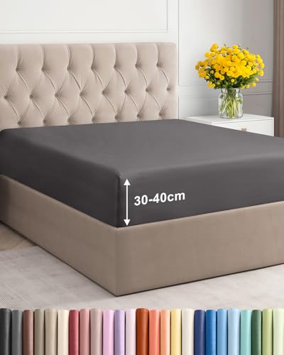 Spannbettlaken 200x200cm Dunkelgrau - Extra Tiefes Spannbetttuch für Matratzen & Boxspringbett bis 40cm (16