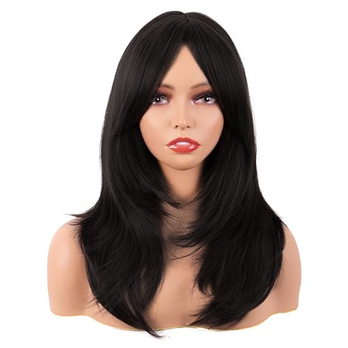 MapofBeauty 20 Zoll/50 cm Länge Layered Mit Pony Gerade Synthetische Faser Shoulder Lange Haarfasern für Täglich Perücke (Schwarz)