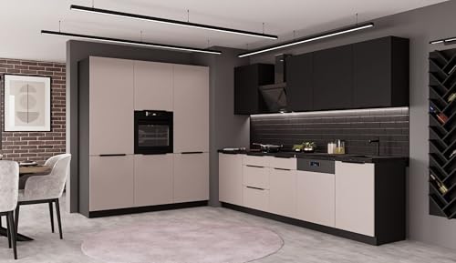 Kuechen-preisbombe Küche Arona + Siena 280 + 180 cm Küchenzeile Küchenblock Einbauküche Kaschmir beige matt + Schwarz matt