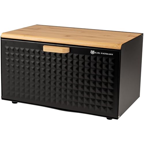 KARL HAUSMANN Brotkasten Metall Schwarz mit Bambus Deckel - Hält Brot länger frisch | Große Brotbox zur Brotaufbewahrung für Küche & Arbeitsplatte | Brotbehälter mit Magnetverschluss - 35x23,5x21 cm