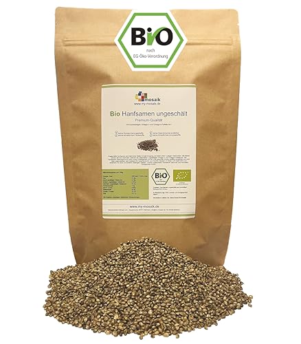 my-mosaik Bio Hanfsamen ungeschält (1000g), nährstoffreich und vegan, Low Carb, essentielle ungesättigte Omega-3- und Omega-6-Fettsäuren