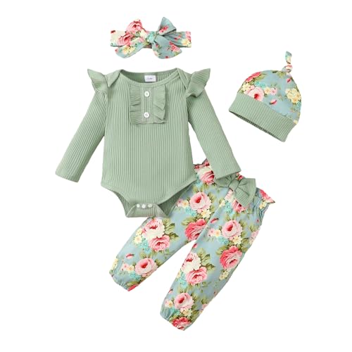 LUVCES Neugeborenes Baby Mädchen Kleidung Kleinkind gerippt Ruffle lange Ärmel Strampler+ Floral Hosen+ Stirnband Cute Fall Outfit Set 4Pcs Grün1 3-6 Monate