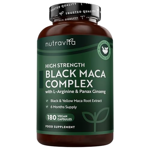 Nutravita Schwarze Maca Kapseln – 180 vegane Kapseln – 100% peruanisches Maca Schwarz 10:1 Extrak mit Panax Ginseng und L-Arginin – Hochdosiert und vegan mit 5000 mg – 6-Monatsvorrat