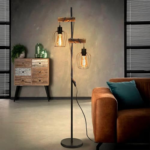 ZMH Stehlampe Wohnzimmer Holz Stehleuchte Schwarz - Vintage Wohnzimmerlampe stehend im Industrial Design Metall Standleuchte 2 flammig E27 Fassung 151cm Standlampe für Schlafzimmer (ohne Leuchtmittel)