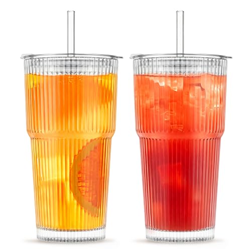INSETLAN 2 Stück 600ml Gerippte Glasbecher mit Deckel und Strohhalm, dickwandige und robuste Smoothie Becher aus hochwertigem Glas, luftdichtes und wasserdichtes Design, ideal als Kaffee