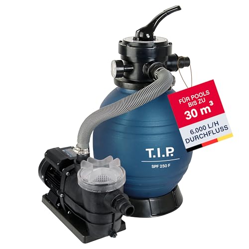 T.I.P. Poolfilteranlage mit hohem Durchfluss - Leistungsstarke 10000 l/h Pumpe für 30 m³ Becken, 4-Wege-Ventil, 13 kg Sand, hocheffizienter Filter mit Vorfilter, SPF 250 F, 30308