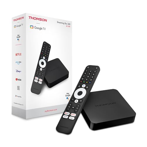 THOMSON Streaming Box 240, Google TV, 4K UHD, Sprachsteuerung, Voice Control, Google Cast, Dolby Atmos, Dolby Digital Plus, Bluetooth 5.0, HDMI 2.1, HDR10, Wi Fi, 2 GB RAM, 8 GB Speicher