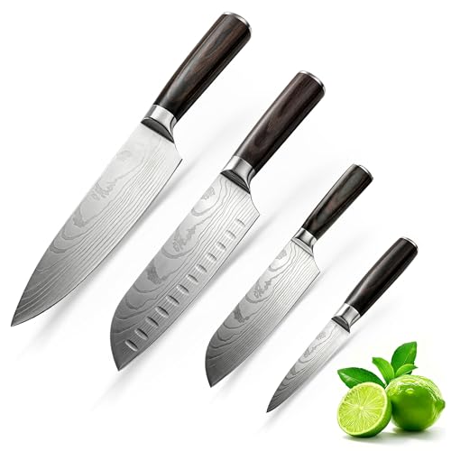Wodillo® 4-teilig Messerset, Carbon Rostfreier Spezialstahl, Ultra Scharf, Profi Allzweck Küchenmesserset mit Chefmesser Hackmesser Allzweckmesser, Schwarze Holzmaserung Holz Griff