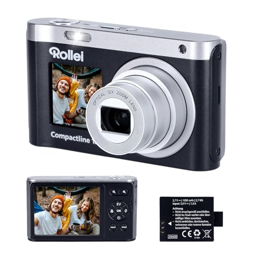 Rollei Compactline 12X Digitalkamera 64MP 4K Fotokamera 12X Optischer Zoom Vlogging Fotoapparat mit Dual Display Tragbare Kompaktkamera Teens Anfänger, Digital-Kamera-Fotoapparat-Camera-Digicam