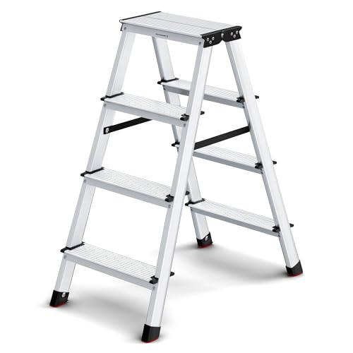 SONGMICS Leiter, Trittleiter, Aluleiter mit 4 rutschfesten Stufen, klappbar, Stehleiter, Mehrzweckleiter, bis 150 kg belastbar, Silbergrau-tintenschwarz GLT014E01