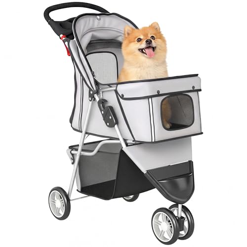 PawHut Hundewagen Hundebuggy Faltbar Katzenwagen bis 10kg mit verstellbarem Verdeck, Aufbewahrungskorb, Getränkehalter, atmungsaktivem Mesh, Haustierbuggy für kleine Hunde, Grau