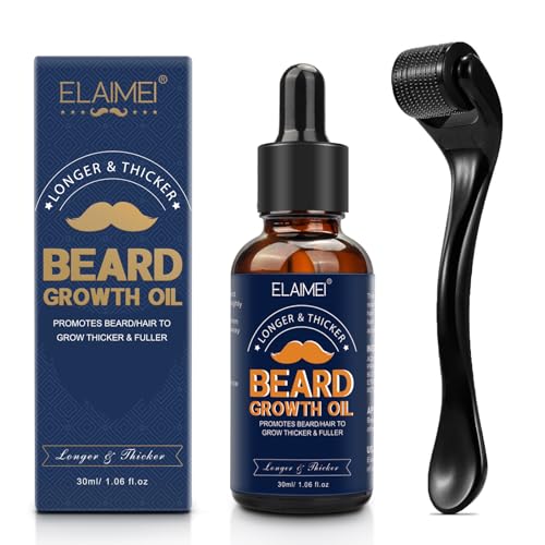 Bartroller Bartwuchs Haare Bartöl + Dermaroller, Biotin Beard Growth OIL Kit 0,25mm Microneedling Roller Bartroller Set, Bartwachstums Set, Stimuliert Verdicken Schnurrbart & Haarwachstum für Männer