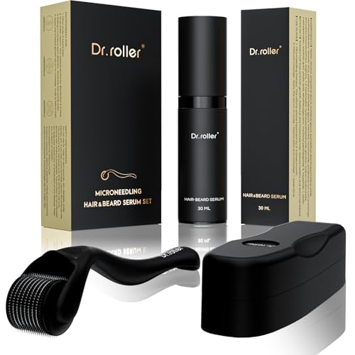 Dr.roller Bartroller Bartwuchs Set, Derma Roller 0,5mm und Bartöl-Serum Stimuliert Bart Haarwuchs, Microneedling Bart Derma Roller für Haare Kopfhaut Gesicht Körper - Männer & Frauen