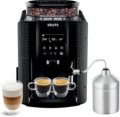 Krups Essential Kaffeevollautomat mit Milchschlauch, 2-Tassen-Funktion, LCD-Display, Einfache Reinigung, Kaffeemaschine, TÜV-Siegel, Schwarz, EA816031