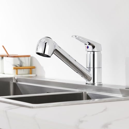 Auralum Wasserhahn Küche Ausziehbar, Hochdruck Armatur Küche Mischbatterie mit 2 Strahlarten Brause, 360° Schwenkbare Küchenarmatur mit 60 cm Kalt-/Warmwasserschlauch, Chrom