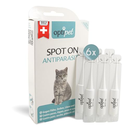 OptiPet Spot On Pipetten für Katzen 6x1ml - Hochwirksame Tropfen gegen Milben, Flöhe, Zecken & Läuse - Parasiten Abwehr Schutz bis zu 24 Wochen - Flohschutz, Zeckenschutz, Zeckenmittel für Katzen