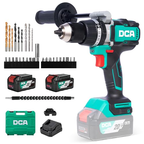 DCA 20V Bürstenloser Schlagbohrschrauber 120Nm,13mm Schnellspann-Metallbohrfutter,24+1+1 Drehmomentstufen,32000 Schläge/min,Akku-Bohrschrauber mit 2x4,0 Ah Akku für Mauerwerk, Metall und Holz