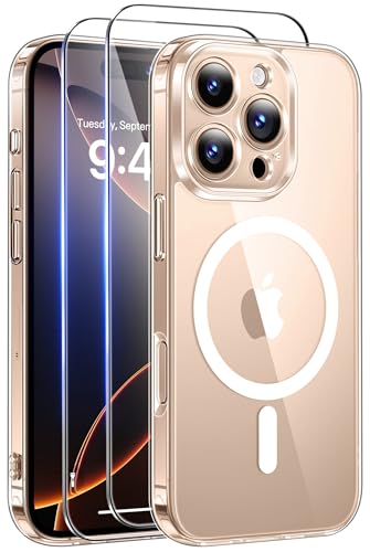 Qasyfanc Magnetisch Hülle für iPhone 16 Pro mit 2 Schutzfolie, Vollständiger Kameraschutz, Handyhülle Kompatibel mit MagSafe, Anti-Vergilbung Rückseite Schutzhülle Kratzfest Stoßfest Case Transparent