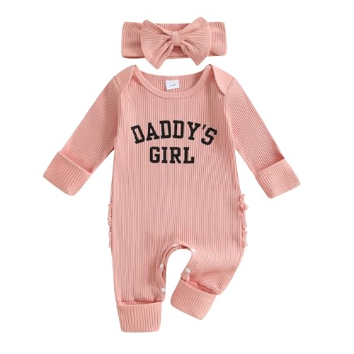 Geagodelia Baby Mädchen Strampler + Stirnband Neugeborene Kleidung Outfit Overall Babykleidung Weiche Babystrampler (Daddy's Girl - Pink, 0-3 Monate)