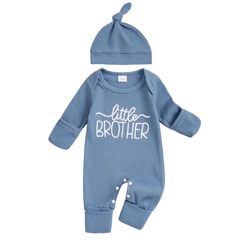Geagodelia Baby Jungen Kleiner Bruder Strampler + Hut Neugeborene Kleidung Outfit Overall Little Brother Babykleidung Weiche Babystrampler (A - Blau, 0-3 Monate)