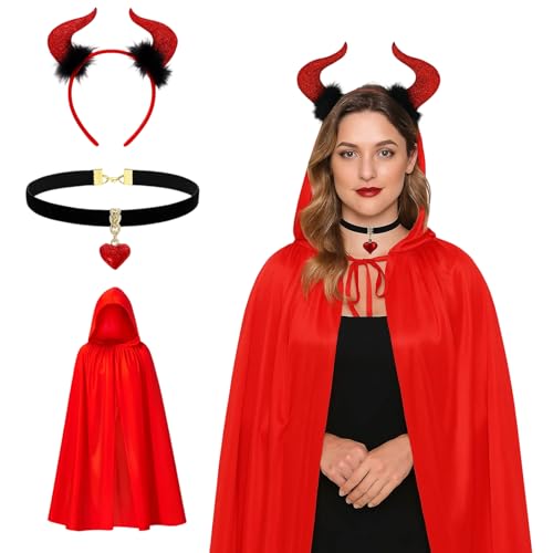 PcvGef Teufel Kostüm, 3-teiliges Set mit Teufel Kostüm damen, Roter Umhang und Schwarzer Halskragen, Halloween Kostüm für Damen und Herren, Karneval, Cosplay