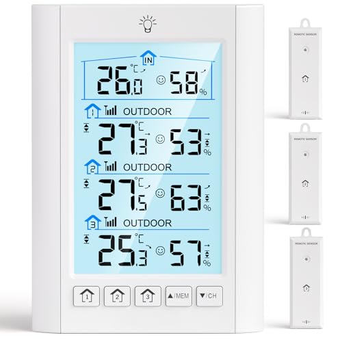 LIORQUE Funk Wetterstation mit 3 Außensensoren Digitales Thermometer Hygrometer Innen Funkwetterstation mit 100 m Reichweitensensor Thermo-Hygrometer für Gewächshaus Weinkeller