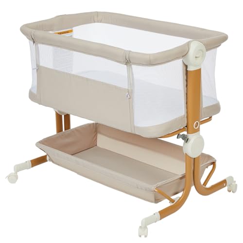 RBFGYIOP 3 in 1 Baby-Beistellbett, Babybett mit Weich Matratze, Sicher Getestet & Vielseitig Einsetzbar, 7-Fach Höhenverstellung, Faltbare Seitenwand mit Rollen für Zuhause und Unterwegs