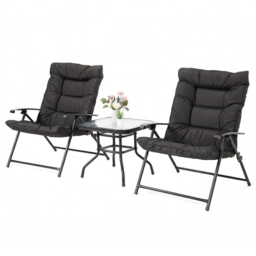 Mondeer Balkonmöbel Set 3 Teilig mit Klappstühlen und Polsterung (Schwarz)