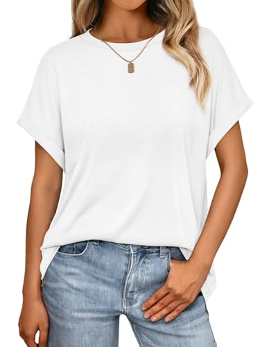 Cuptacc Tshirt Damen Flügelärmel Rundhals T-Shirt Locker Casual Kurzarm Oversize Longshirt Damen Einfarbiges Oberteil Mittel M 38-40 Weiß