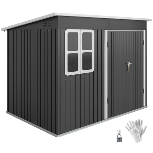 Outsunny Metall Gerätehaus 4,13 m² Geräteschuppen mit Fenster Pultdach Lüftungsöffnungen Abschließbarer Breiter Tür Bodenrahmen 260 x 177 x 190 cm wetterfest Gartenhaus Schuppen für Außenbereich Grau
