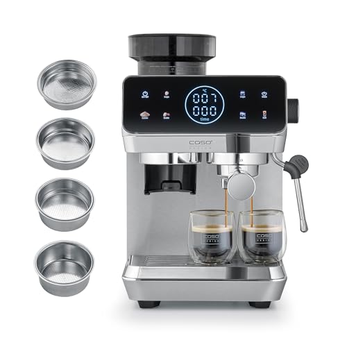 Caso EspressoGourmet & Grind Siebträgermaschine Edelstahl mit Mahlwerk, 20 Bar Ulka Pumpe, Touch-Display, Thermoblock, Vorbrühfunktion, Dampflanze,1,8 l Wassertank, Zubehör